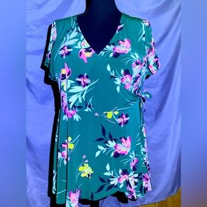 Torrid Wrap blouse. Green floral with v neck and full skirt.